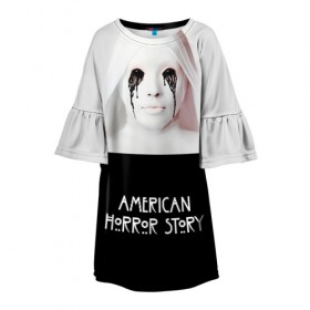 Детское платье 3D с принтом American Horror Story в Новосибирске, 100% полиэстер | прямой силуэт, чуть расширенный к низу. Круглая горловина, на рукавах — воланы | Тематика изображения на принте: ahs | american horror story | американская история ужасов | демон | краска | лицо | макияж | монашка | черные глаза