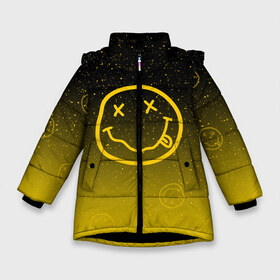 Зимняя куртка для девочек 3D с принтом NIRVANA SPACE в Новосибирске, ткань верха — 100% полиэстер; подклад — 100% полиэстер, утеплитель — 100% полиэстер. | длина ниже бедра, удлиненная спинка, воротник стойка и отстегивающийся капюшон. Есть боковые карманы с листочкой на кнопках, утяжки по низу изделия и внутренний карман на молнии. 

Предусмотрены светоотражающий принт на спинке, радужный светоотражающий элемент на пуллере молнии и на резинке для утяжки. | music | nirvana | rock | группа | курт кобейн | музыка | нирвана | рок