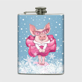 Фляга с принтом Свинка в розовом в Новосибирске, металлический корпус | емкость 0,22 л, размер 125 х 94 мм. Виниловая наклейка запечатывается полностью | Тематика изображения на принте: 2019 | год свиньи | милая свинка | новогодний подарок | новый год | новый год 2019 | подарок на новый год | прикольная свинка | свинка в розовом | свинья | символ 2019 года | снег | снежинки
