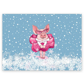 Поздравительная открытка с принтом Свинка в розовом в Новосибирске, 100% бумага | плотность бумаги 280 г/м2, матовая, на обратной стороне линовка и место для марки
 | 2019 | год свиньи | милая свинка | новогодний подарок | новый год | новый год 2019 | подарок на новый год | прикольная свинка | свинка в розовом | свинья | символ 2019 года | снег | снежинки