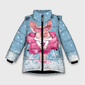 Зимняя куртка для девочек 3D с принтом Свинка в розовом в Новосибирске, ткань верха — 100% полиэстер; подклад — 100% полиэстер, утеплитель — 100% полиэстер. | длина ниже бедра, удлиненная спинка, воротник стойка и отстегивающийся капюшон. Есть боковые карманы с листочкой на кнопках, утяжки по низу изделия и внутренний карман на молнии. 

Предусмотрены светоотражающий принт на спинке, радужный светоотражающий элемент на пуллере молнии и на резинке для утяжки. | Тематика изображения на принте: 2019 | год свиньи | милая свинка | новогодний подарок | новый год | новый год 2019 | подарок на новый год | прикольная свинка | свинка в розовом | свинья | символ 2019 года | снег | снежинки