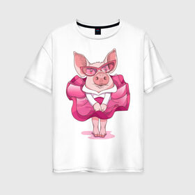 Женская футболка хлопок Oversize с принтом Свинка в розовом в Новосибирске, 100% хлопок | свободный крой, круглый ворот, спущенный рукав, длина до линии бедер
 | 2019 | год свиньи | милая свинка | новогодний подарок | новый год | новый год 2019 | подарок на новый год | прикольная свинка | свинка в розовом | свинья | символ 2019 года | снег | снежинки