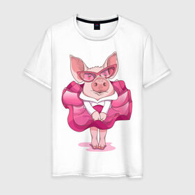 Мужская футболка хлопок с принтом Свинка в розовом в Новосибирске, 100% хлопок | прямой крой, круглый вырез горловины, длина до линии бедер, слегка спущенное плечо. | 2019 | год свиньи | милая свинка | новогодний подарок | новый год | новый год 2019 | подарок на новый год | прикольная свинка | свинка в розовом | свинья | символ 2019 года | снег | снежинки