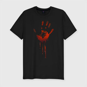 Мужская футболка хлопок Slim с принтом Отпечаток руки в Новосибирске, 92% хлопок, 8% лайкра | приталенный силуэт, круглый вырез ворота, длина до линии бедра, короткий рукав | Тематика изображения на принте: halloween | костюм на хэллоуин | кровавая рука | кровавый отпечаток | кровь | рисунок кровью | футболка для хэллоуина | хэллоуин