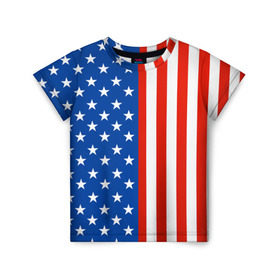 Детская футболка 3D с принтом Американский Флаг в Новосибирске, 100% гипоаллергенный полиэфир | прямой крой, круглый вырез горловины, длина до линии бедер, чуть спущенное плечо, ткань немного тянется | Тематика изображения на принте: америка | вашингтон | звезды | патриот | сша | трамп | триколор
