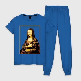 Женская пижама хлопок с принтом Fuck from Mona Lisa в Новосибирске, 100% хлопок | брюки и футболка прямого кроя, без карманов, на брюках мягкая резинка на поясе и по низу штанин | Тематика изображения на принте: женщина | искусство | картина | лиза | мона | палец