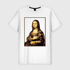 Мужская футболка хлопок Slim с принтом Fuck from Mona Lisa в Новосибирске, 92% хлопок, 8% лайкра | приталенный силуэт, круглый вырез ворота, длина до линии бедра, короткий рукав | женщина | искусство | картина | лиза | мона | палец