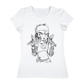 Женская футболка хлопок с принтом Yo-landi (светлые) в Новосибирске, 100% хлопок | прямой крой, круглый вырез горловины, длина до линии бедер, слегка спущенное плечо | девушка | контур | линиями | нервана | пушки. пистолеты | смайл | хип хоп | юар