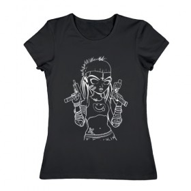 Женская футболка хлопок с принтом Yo-landi (тёмное) в Новосибирске, 100% хлопок | прямой крой, круглый вырез горловины, длина до линии бедер, слегка спущенное плечо | девушка | контур | линиями | нервана | пушки. пистолеты | смайл | хип хоп | юар