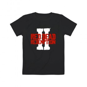 Детская футболка хлопок с принтом RDR2 в Новосибирске, 100% хлопок | круглый вырез горловины, полуприлегающий силуэт, длина до линии бедер | Тематика изображения на принте: gamer | gun | logo | play | player | rdr2 | red dead redemption 2 | rockstar | western | вестерн | ковбои | компьютерные игры 2019 | криминал | лого | рокстар
