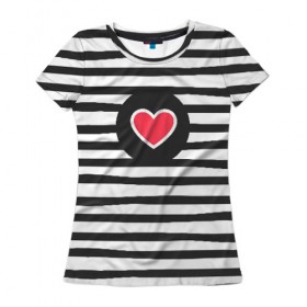Женская футболка 3D с принтом Сердце в полоску в Новосибирске, 100% полиэфир ( синтетическое хлопкоподобное полотно) | прямой крой, круглый вырез горловины, длина до линии бедер | black | lines | mochino | белый | москино | полоски | полосы | сердечко | сердце | черный