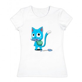 Женская футболка хлопок с принтом Fairy Tail в Новосибирске, 100% хлопок | прямой крой, круглый вырез горловины, длина до линии бедер, слегка спущенное плечо | anime | cat | fairy tail | happy | аниме | животные | кот | сёнэн | хвост феи | хэппи