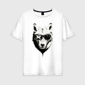 Женская футболка хлопок Oversize с принтом wolf with glasses в Новосибирске, 100% хлопок | свободный крой, круглый ворот, спущенный рукав, длина до линии бедер
 | wolf | волк | волк в очках | голова | животное | животное в очках | зверь. | мода | модное | очки | пес | собака | хипстер