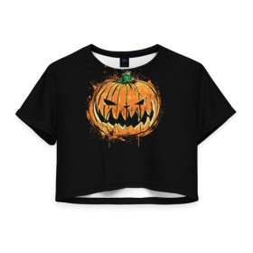 Женская футболка 3D укороченная с принтом Pumpkin Jack в Новосибирске, 100% полиэстер | круглая горловина, длина футболки до линии талии, рукава с отворотами | 