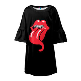 Детское платье 3D с принтом Monsters Kiss в Новосибирске, 100% полиэстер | прямой силуэт, чуть расширенный к низу. Круглая горловина, на рукавах — воланы | halloween | jagger | lips | mick | monster | rock | rolling | stones | tongue | tooth | вольные | губы | джаггер | зубы | камни | катящиеся | мик | монстер | рок | странники | хеллоуин | хэллоуин | язык