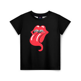 Детская футболка 3D с принтом Monsters Kiss в Новосибирске, 100% гипоаллергенный полиэфир | прямой крой, круглый вырез горловины, длина до линии бедер, чуть спущенное плечо, ткань немного тянется | halloween | jagger | lips | mick | monster | rock | rolling | stones | tongue | tooth | вольные | губы | джаггер | зубы | камни | катящиеся | мик | монстер | рок | странники | хеллоуин | хэллоуин | язык