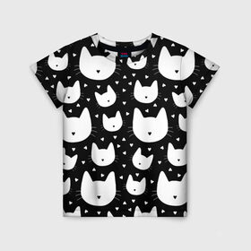 Детская футболка 3D с принтом Love Cats Pattern в Новосибирске, 100% гипоаллергенный полиэфир | прямой крой, круглый вырез горловины, длина до линии бедер, чуть спущенное плечо, ткань немного тянется | белый | кот | котенок | котэ | котя | котята | кошка | любовь | мимими | паттерн | сердечки | сердце | силуэт | черный | я люблю кошек