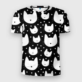 Мужская футболка 3D спортивная с принтом Love Cats Pattern в Новосибирске, 100% полиэстер с улучшенными характеристиками | приталенный силуэт, круглая горловина, широкие плечи, сужается к линии бедра | Тематика изображения на принте: белый | кот | котенок | котэ | котя | котята | кошка | любовь | мимими | паттерн | сердечки | сердце | силуэт | черный | я люблю кошек