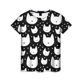 Женская футболка 3D с принтом Love Cats Pattern в Новосибирске, 100% полиэфир ( синтетическое хлопкоподобное полотно) | прямой крой, круглый вырез горловины, длина до линии бедер | белый | кот | котенок | котэ | котя | котята | кошка | любовь | мимими | паттерн | сердечки | сердце | силуэт | черный | я люблю кошек