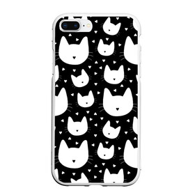Чехол для iPhone 7Plus/8 Plus матовый с принтом Love Cats Pattern в Новосибирске, Силикон | Область печати: задняя сторона чехла, без боковых панелей | Тематика изображения на принте: белый | кот | котенок | котэ | котя | котята | кошка | любовь | мимими | паттерн | сердечки | сердце | силуэт | черный | я люблю кошек