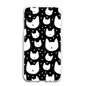 Чехол для iPhone XS Max матовый с принтом Love Cats Pattern в Новосибирске, Силикон | Область печати: задняя сторона чехла, без боковых панелей | белый | кот | котенок | котэ | котя | котята | кошка | любовь | мимими | паттерн | сердечки | сердце | силуэт | черный | я люблю кошек