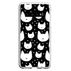 Чехол для Samsung Galaxy S10 с принтом Love Cats Pattern в Новосибирске, Силикон | Область печати: задняя сторона чехла, без боковых панелей | белый | кот | котенок | котэ | котя | котята | кошка | любовь | мимими | паттерн | сердечки | сердце | силуэт | черный | я люблю кошек