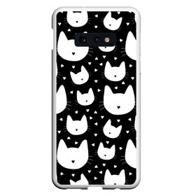 Чехол для Samsung S10E с принтом Love Cats Pattern в Новосибирске, Силикон | Область печати: задняя сторона чехла, без боковых панелей | белый | кот | котенок | котэ | котя | котята | кошка | любовь | мимими | паттерн | сердечки | сердце | силуэт | черный | я люблю кошек