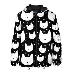 Мужская куртка 3D с принтом Love Cats Pattern в Новосибирске, ткань верха — 100% полиэстер, подклад — флис | прямой крой, подол и капюшон оформлены резинкой с фиксаторами, два кармана без застежек по бокам, один большой потайной карман на груди. Карман на груди застегивается на липучку | Тематика изображения на принте: белый | кот | котенок | котэ | котя | котята | кошка | любовь | мимими | паттерн | сердечки | сердце | силуэт | черный | я люблю кошек