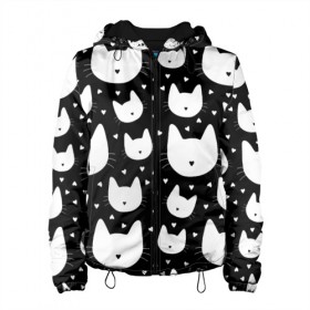 Женская куртка 3D с принтом Love Cats Pattern в Новосибирске, ткань верха — 100% полиэстер, подклад — флис | прямой крой, подол и капюшон оформлены резинкой с фиксаторами, два кармана без застежек по бокам, один большой потайной карман на груди. Карман на груди застегивается на липучку | Тематика изображения на принте: белый | кот | котенок | котэ | котя | котята | кошка | любовь | мимими | паттерн | сердечки | сердце | силуэт | черный | я люблю кошек