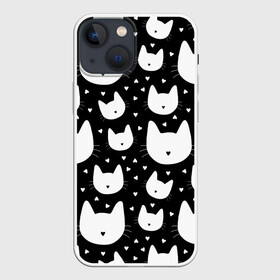 Чехол для iPhone 13 mini с принтом Love Cats Pattern в Новосибирске,  |  | белый | кот | котенок | котэ | котя | котята | кошка | любовь | мимими | паттерн | сердечки | сердце | силуэт | черный | я люблю кошек