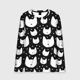 Мужской лонгслив 3D с принтом Love Cats Pattern в Новосибирске, 100% полиэстер | длинные рукава, круглый вырез горловины, полуприлегающий силуэт | Тематика изображения на принте: белый | кот | котенок | котэ | котя | котята | кошка | любовь | мимими | паттерн | сердечки | сердце | силуэт | черный | я люблю кошек