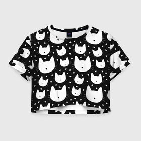 Женская футболка 3D укороченная с принтом Love Cats Pattern в Новосибирске, 100% полиэстер | круглая горловина, длина футболки до линии талии, рукава с отворотами | Тематика изображения на принте: белый | кот | котенок | котэ | котя | котята | кошка | любовь | мимими | паттерн | сердечки | сердце | силуэт | черный | я люблю кошек