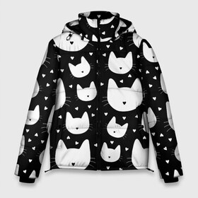 Мужская зимняя куртка 3D с принтом Love Cats Pattern в Новосибирске, верх — 100% полиэстер; подкладка — 100% полиэстер; утеплитель — 100% полиэстер | длина ниже бедра, свободный силуэт Оверсайз. Есть воротник-стойка, отстегивающийся капюшон и ветрозащитная планка. 

Боковые карманы с листочкой на кнопках и внутренний карман на молнии. | Тематика изображения на принте: белый | кот | котенок | котэ | котя | котята | кошка | любовь | мимими | паттерн | сердечки | сердце | силуэт | черный | я люблю кошек