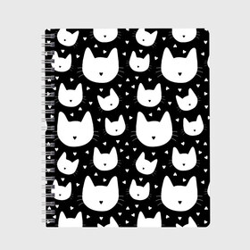 Тетрадь с принтом Love Cats Pattern в Новосибирске, 100% бумага | 48 листов, плотность листов — 60 г/м2, плотность картонной обложки — 250 г/м2. Листы скреплены сбоку удобной пружинной спиралью. Уголки страниц и обложки скругленные. Цвет линий — светло-серый
 | белый | кот | котенок | котэ | котя | котята | кошка | любовь | мимими | паттерн | сердечки | сердце | силуэт | черный | я люблю кошек