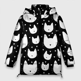 Женская зимняя куртка 3D с принтом Love Cats Pattern в Новосибирске, верх — 100% полиэстер; подкладка — 100% полиэстер; утеплитель — 100% полиэстер | длина ниже бедра, силуэт Оверсайз. Есть воротник-стойка, отстегивающийся капюшон и ветрозащитная планка. 

Боковые карманы с листочкой на кнопках и внутренний карман на молнии | Тематика изображения на принте: белый | кот | котенок | котэ | котя | котята | кошка | любовь | мимими | паттерн | сердечки | сердце | силуэт | черный | я люблю кошек