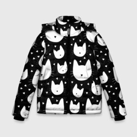 Зимняя куртка для мальчиков 3D с принтом Love Cats Pattern в Новосибирске, ткань верха — 100% полиэстер; подклад — 100% полиэстер, утеплитель — 100% полиэстер | длина ниже бедра, удлиненная спинка, воротник стойка и отстегивающийся капюшон. Есть боковые карманы с листочкой на кнопках, утяжки по низу изделия и внутренний карман на молнии. 

Предусмотрены светоотражающий принт на спинке, радужный светоотражающий элемент на пуллере молнии и на резинке для утяжки | белый | кот | котенок | котэ | котя | котята | кошка | любовь | мимими | паттерн | сердечки | сердце | силуэт | черный | я люблю кошек