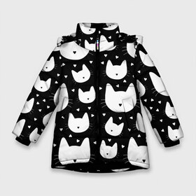 Зимняя куртка для девочек 3D с принтом Love Cats Pattern в Новосибирске, ткань верха — 100% полиэстер; подклад — 100% полиэстер, утеплитель — 100% полиэстер. | длина ниже бедра, удлиненная спинка, воротник стойка и отстегивающийся капюшон. Есть боковые карманы с листочкой на кнопках, утяжки по низу изделия и внутренний карман на молнии. 

Предусмотрены светоотражающий принт на спинке, радужный светоотражающий элемент на пуллере молнии и на резинке для утяжки. | белый | кот | котенок | котэ | котя | котята | кошка | любовь | мимими | паттерн | сердечки | сердце | силуэт | черный | я люблю кошек