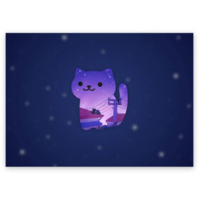 Поздравительная открытка с принтом Ночной Котик в Новосибирске, 100% бумага | плотность бумаги 280 г/м2, матовая, на обратной стороне линовка и место для марки
 | Тематика изображения на принте: cat | cats | kitten | kitty | night | pussy | sky | space | star | stars | звезда | звезды | космос | кот | котенок | котик | котики | коты | котята | кошка | кошки | небо | ночное | ночь
