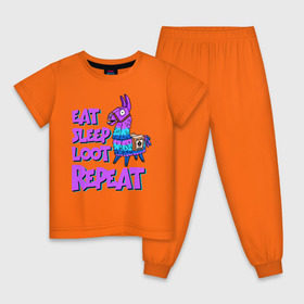 Детская пижама хлопок с принтом Eat, Sleep, Loot, Repeat в Новосибирске, 100% хлопок |  брюки и футболка прямого кроя, без карманов, на брюках мягкая резинка на поясе и по низу штанин
 | Тематика изображения на принте: fortnite | fortnite battle royale | lama | лама | фортнайт