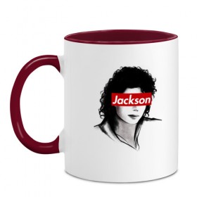 Кружка двухцветная с принтом Michael Jackson в Новосибирске, керамика | объем — 330 мл, диаметр — 80 мм. Цветная ручка и кайма сверху, в некоторых цветах — вся внутренняя часть | Тематика изображения на принте: jackson | michael | джексон | майкл