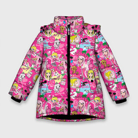 Зимняя куртка для девочек 3D с принтом Barbie and Tokidoki в Новосибирске, ткань верха — 100% полиэстер; подклад — 100% полиэстер, утеплитель — 100% полиэстер. | длина ниже бедра, удлиненная спинка, воротник стойка и отстегивающийся капюшон. Есть боковые карманы с листочкой на кнопках, утяжки по низу изделия и внутренний карман на молнии. 

Предусмотрены светоотражающий принт на спинке, радужный светоотражающий элемент на пуллере молнии и на резинке для утяжки. | Тематика изображения на принте: adios | barbie | brilliant | cat | dog | doll | girl | heart | heels | japan | palm | pony | tokidoki | адьос | барби | девушка | иногда | кот | кошка | кукла | пес | пони | собака | япония