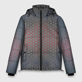 Мужская зимняя куртка 3D с принтом Кевлар Color Big в Новосибирске, верх — 100% полиэстер; подкладка — 100% полиэстер; утеплитель — 100% полиэстер | длина ниже бедра, свободный силуэт Оверсайз. Есть воротник-стойка, отстегивающийся капюшон и ветрозащитная планка. 

Боковые карманы с листочкой на кнопках и внутренний карман на молнии. | Тематика изображения на принте: абстракция | градиент | камуфляж | карбон | кевлар | россия | соты | триколор