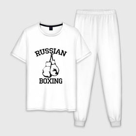 Мужская пижама хлопок с принтом RUSSIAN BOXING в Новосибирске, 100% хлопок | брюки и футболка прямого кроя, без карманов, на брюках мягкая резинка на поясе и по низу штанин
 | 