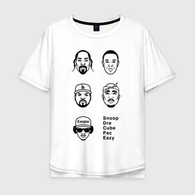 Мужская футболка хлопок Oversize с принтом West Coast rap в Новосибирске, 100% хлопок | свободный крой, круглый ворот, “спинка” длиннее передней части | Тематика изображения на принте: 2pac | cube | dogg | dre | eazy | ice | makaveli | snoop | гангста рэп | реп | хип хоп