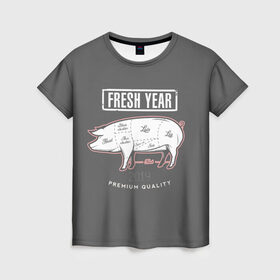 Женская футболка 3D с принтом Fresh Year 2019 в Новосибирске, 100% полиэфир ( синтетическое хлопкоподобное полотно) | прямой крой, круглый вырез горловины, длина до линии бедер | 2019 | merry christmas | new year | год свиньи | зима | новый год | поросенок | праздник | рождество | свинка | свинья