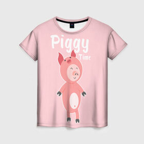 Женская футболка 3D с принтом Piggy Time в Новосибирске, 100% полиэфир ( синтетическое хлопкоподобное полотно) | прямой крой, круглый вырез горловины, длина до линии бедер | 2019 | merry christmas | new year | год свиньи | зима | новый год | поросенок | праздник | рождество | свинка | свинья