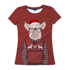 Женская футболка 3D с принтом New Year Pig в Новосибирске, 100% полиэфир ( синтетическое хлопкоподобное полотно) | прямой крой, круглый вырез горловины, длина до линии бедер | 2019 | merry christmas | new year | год свиньи | зима | новый год | поросенок | праздник | рождество | свинка | свинья