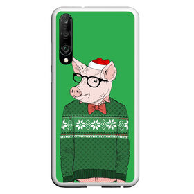 Чехол для Honor P30 с принтом New Year Hipster Pig в Новосибирске, Силикон | Область печати: задняя сторона чехла, без боковых панелей | Тематика изображения на принте: 2019 | merry christmas | new year | год свиньи | зима | новый год | поросенок | праздник | рождество | свинка | свинья