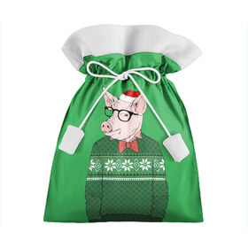 Подарочный 3D мешок с принтом New Year Hipster Pig в Новосибирске, 100% полиэстер | Размер: 29*39 см | Тематика изображения на принте: 2019 | merry christmas | new year | год свиньи | зима | новый год | поросенок | праздник | рождество | свинка | свинья
