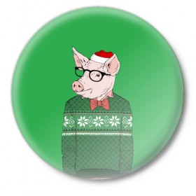 Значок с принтом New Year Hipster Pig в Новосибирске,  металл | круглая форма, металлическая застежка в виде булавки | 2019 | merry christmas | new year | год свиньи | зима | новый год | поросенок | праздник | рождество | свинка | свинья